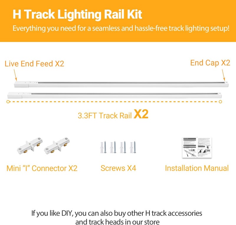VANoopee H Track Lighting Rails Kit, 6.6FT H Type Track Rails White with End Caps and Live End Feed Connector, Compatible with Single Circuit 120V H Style Track System, for H LED Track Lighting Heads - Image 2